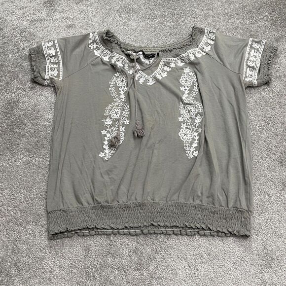 INC International Concept Smocked Embroidered Tasseled Top Womens 1X Gray Casual - Picture 1 of 13